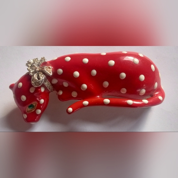 Kenneth Lane Enamel Crystal 1980's Red/White Polka Dot Leopard Signed VTG Brooch - Picture 16 of 16